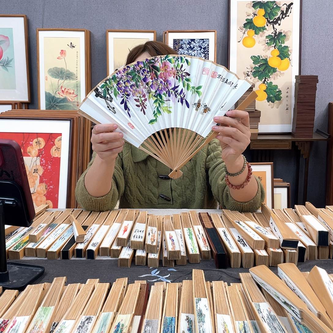 国画8寸玉竹-纯手绘-文玩扇骨（默认粘好）