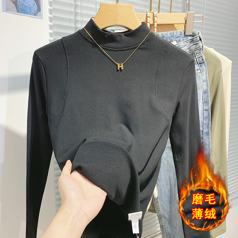 磨毛绒半高领打底衫女秋冬加绒保暖中领长袖T恤设计感上衣服