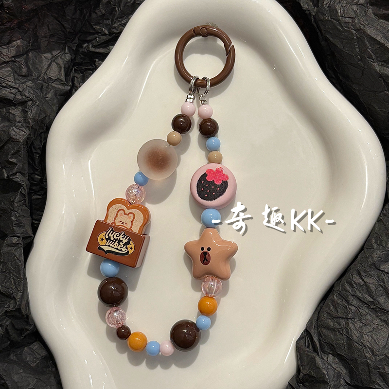 新款ins风可爱草莓吐司串珠手机链相机包包挂饰钥匙扣手机壳挂绳