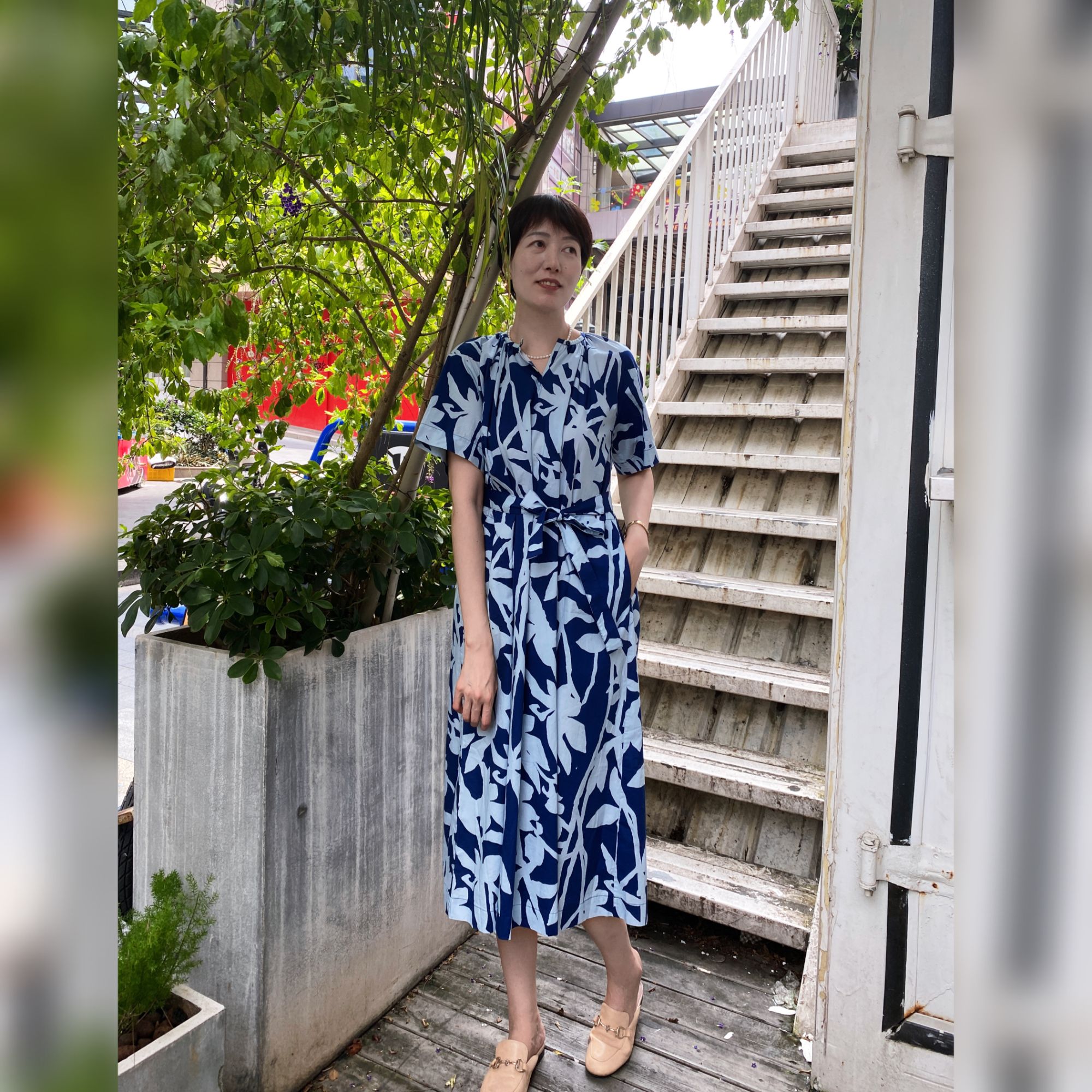 【YAN】小禾25春夏新品抽象植物蓝印花棉长连衣裙#LCC250701-A2013