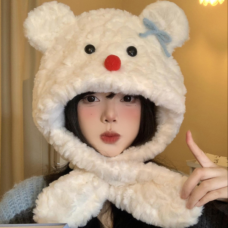 雪人蝴蝶结保暖雷锋帽秋冬帽子围脖一体护耳帽卡通套头帽防寒成人