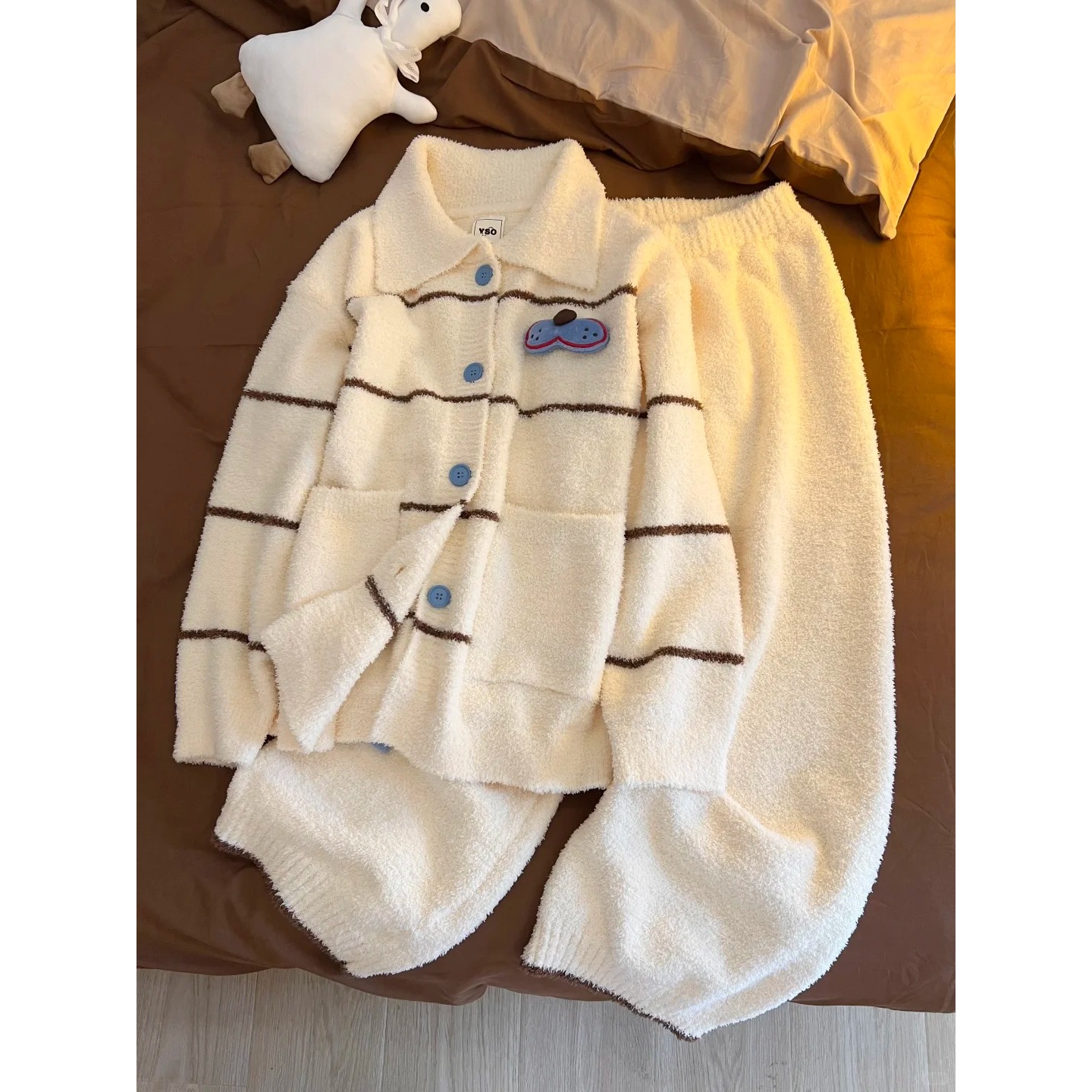 韩系可爱酷猫慵懒风针织半边绒睡衣女冬季套装保暖家居服可外穿