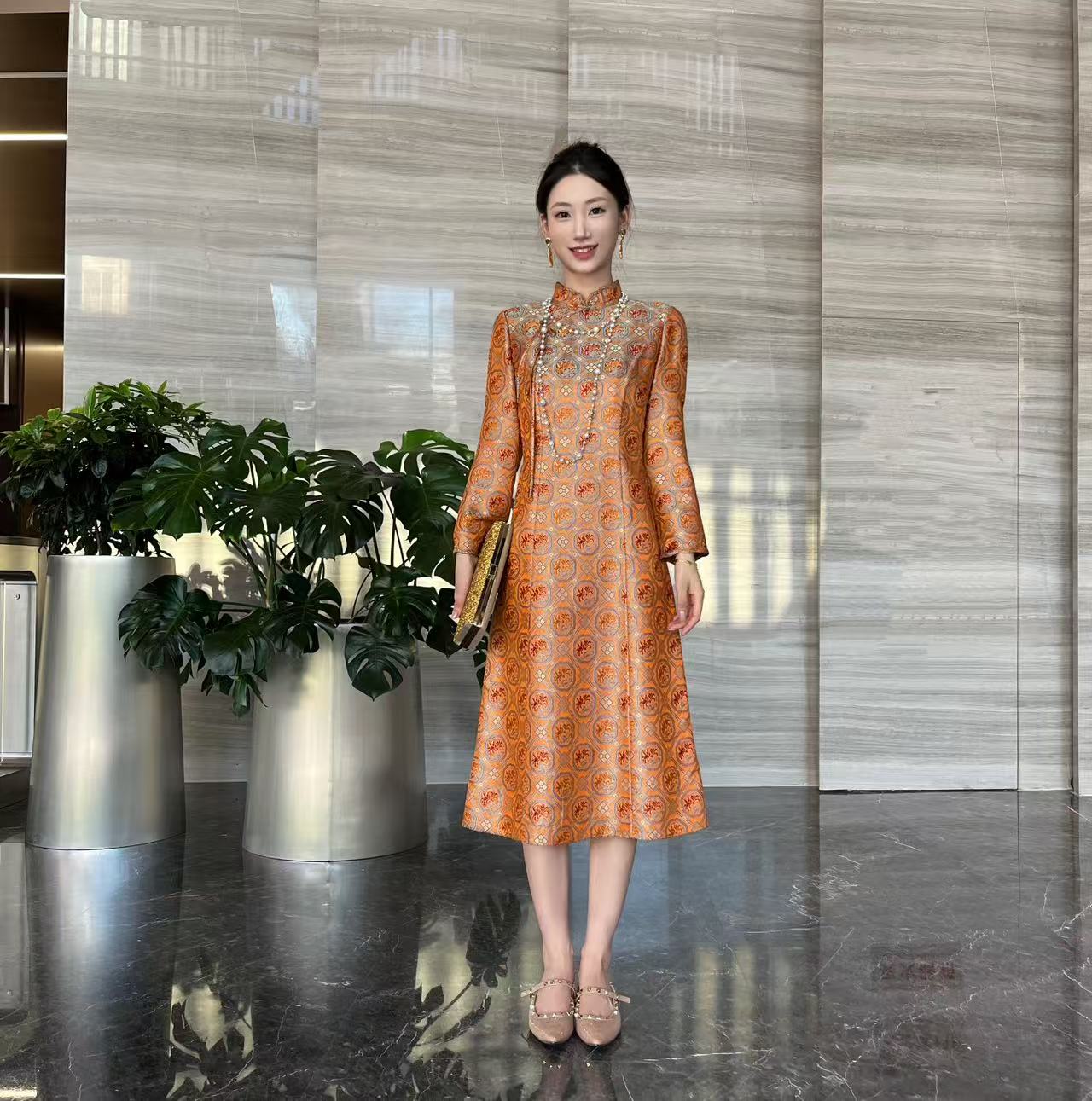 FSSIA舒瑶丨新中式宋锦时尚显瘦收腰精致立领复古气质旗袍裙-4572