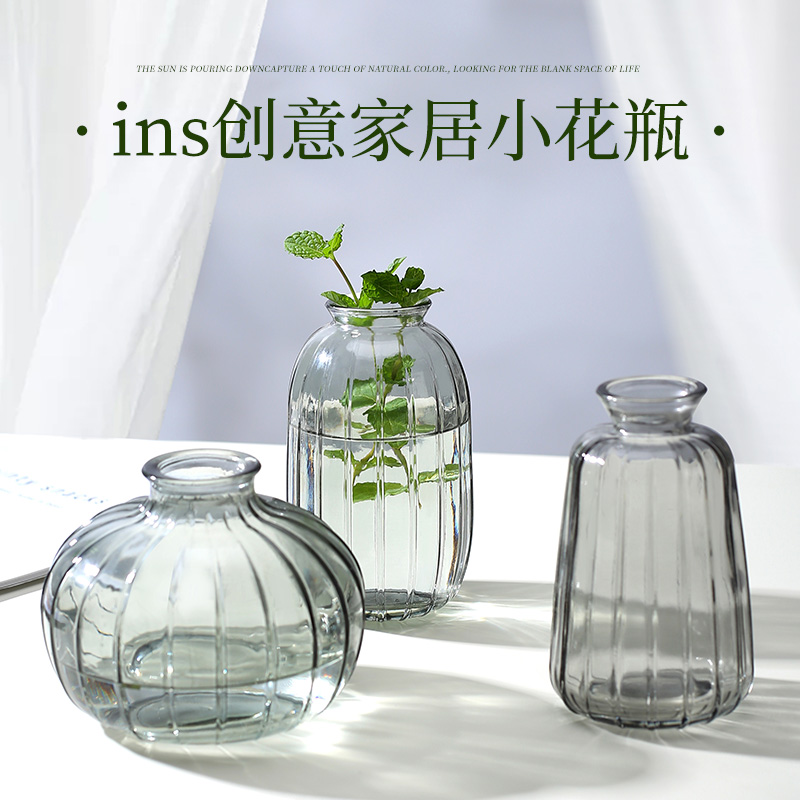 禅意古风ins风花瓶浮雕透明玻璃小花瓶花瓶家居插花摆件花瓶X