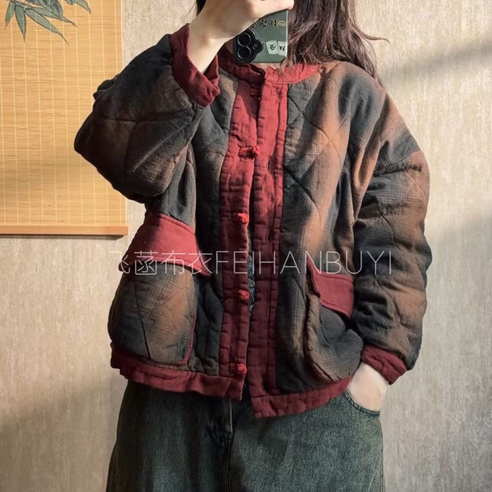 复古砂洗炒色亚麻盘扣相色休闲棉衣（长58胸围135）