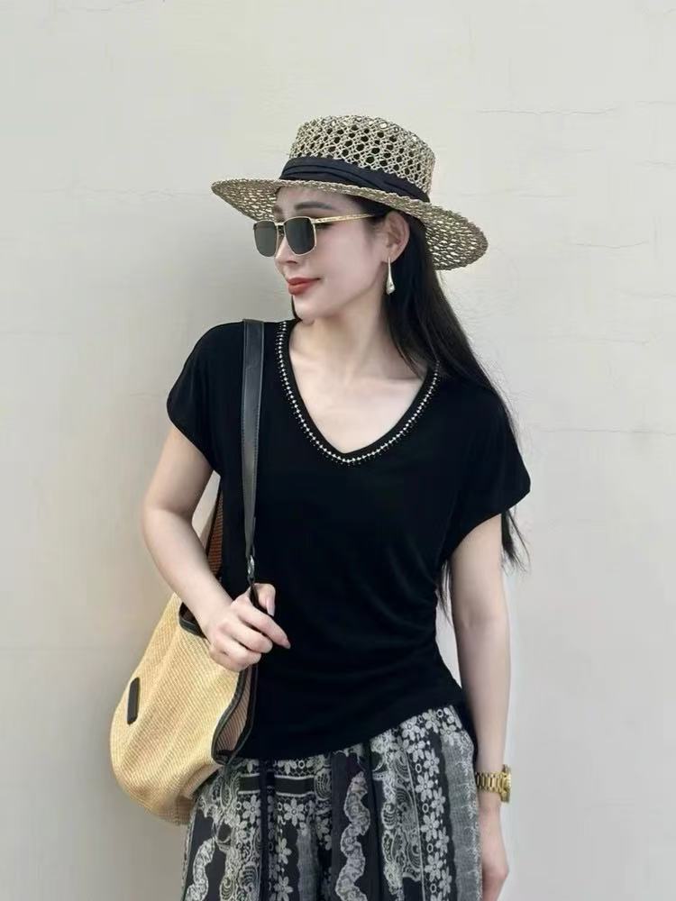 【MIS•FOFO买手店】NN1083-时尚女装设计感T恤黑色修身圆领百搭