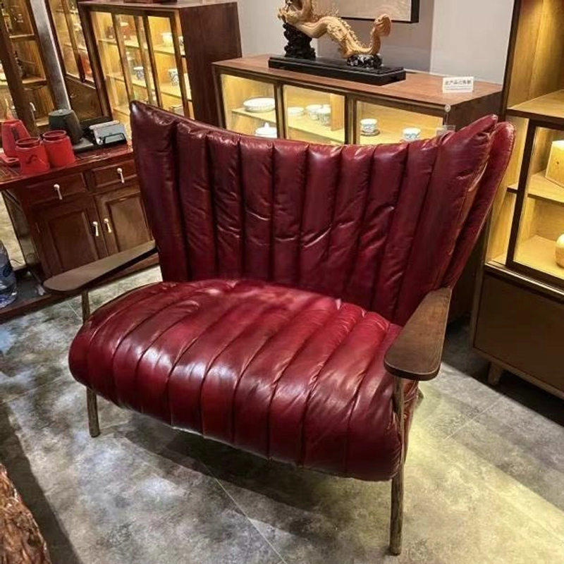 茶室设计头层牛皮双人主人椅休闲沙发真皮轻奢单人皮艺加高沙发椅