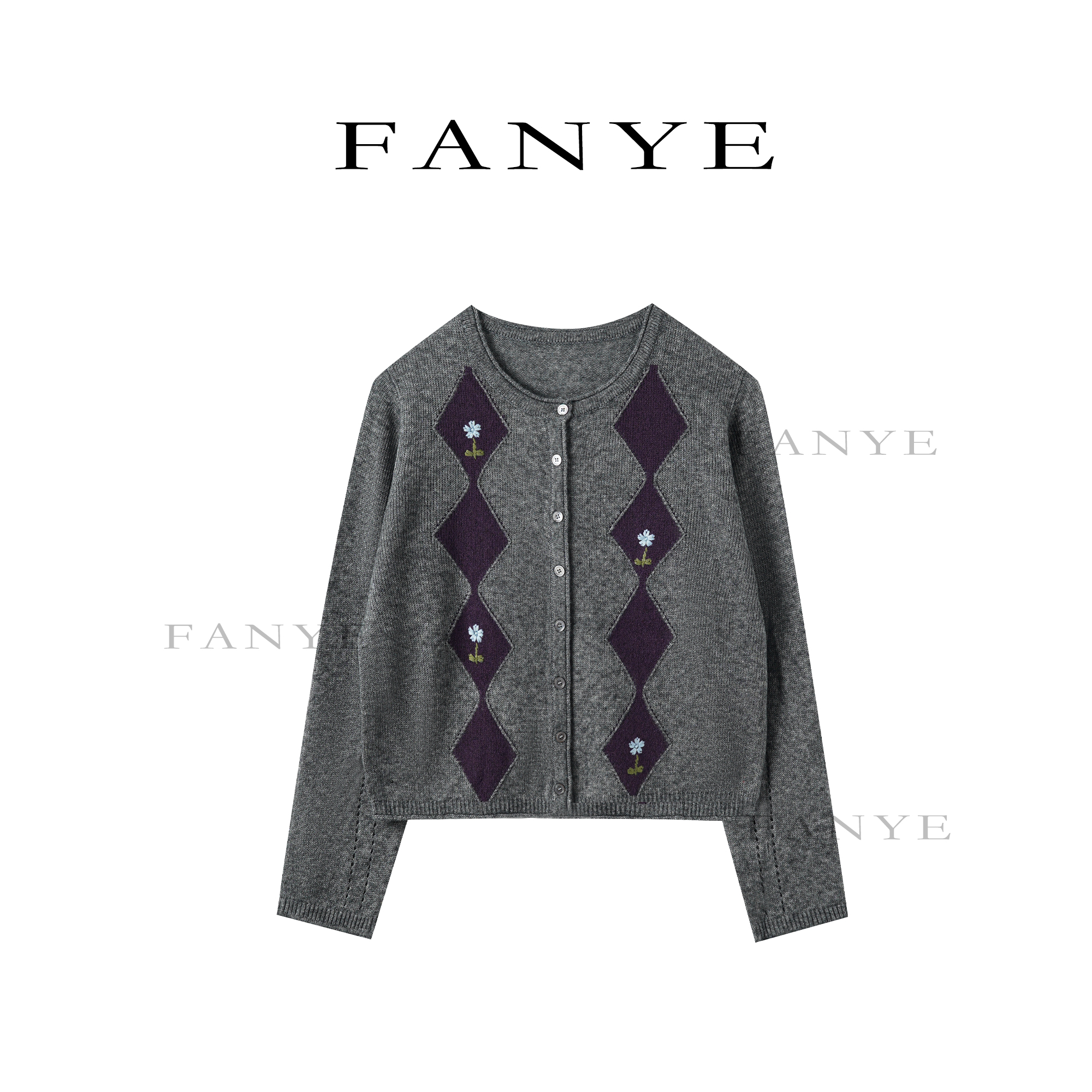 FANYE 2025冬季新款对称拼色菱形格针织开衫83276