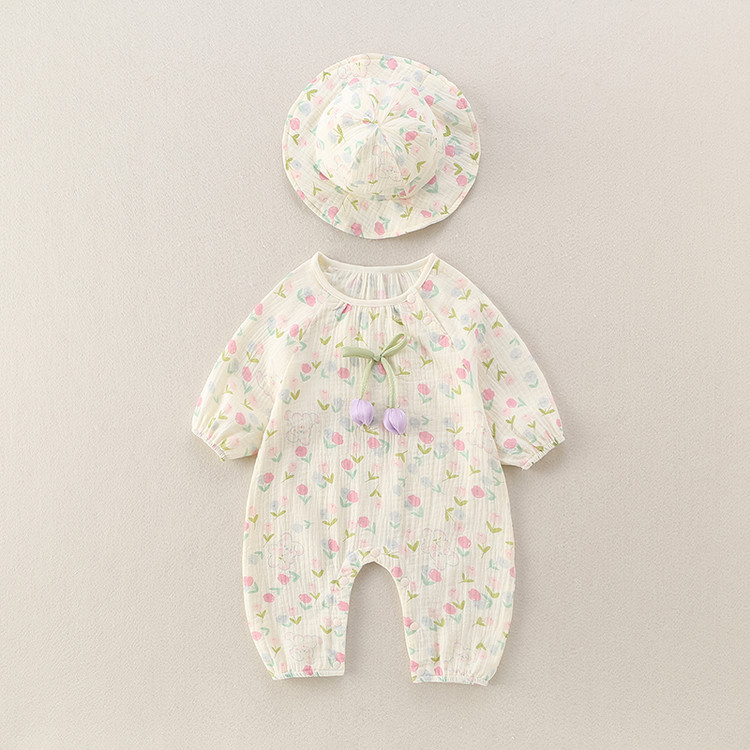 新品巴拉巴拉婴儿连体衣春秋纯棉a类长袖薄款新生儿纱布爬服哈衣