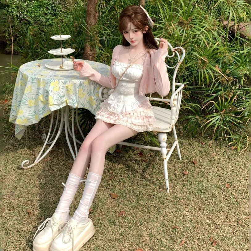 纯欲甜美清新温柔约会小众设计修身性感气质吊带开衫短裙套装女