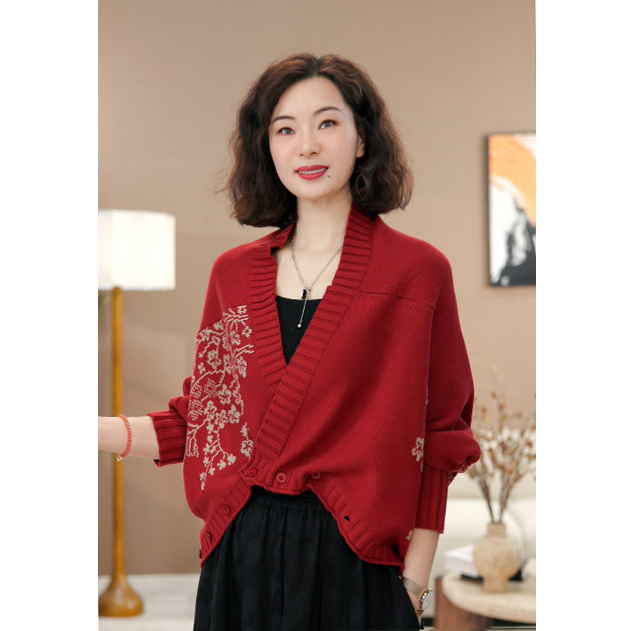 【涧蓝正品】秋冬新款洋气减龄圆领针织棉线开衫女织花长袖外套气质