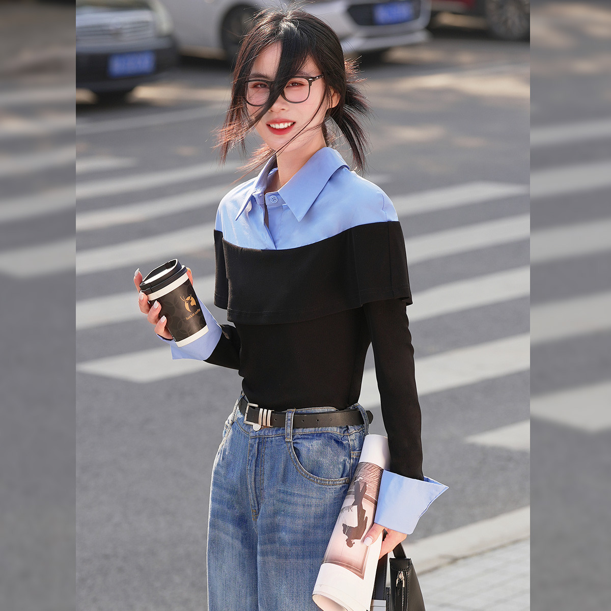 【芋总专属】&白鹿语时尚休闲百搭拼接撞色长袖衬衫BY20354