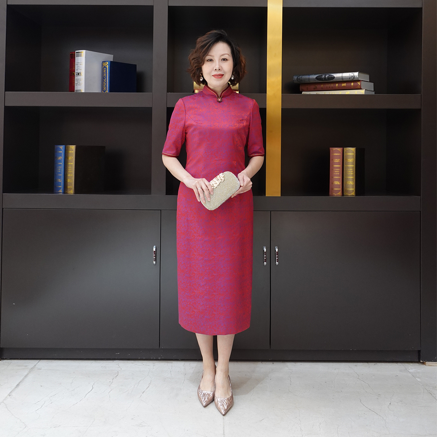 YINGDAK/应大敦煌玫红色中长款国风修身典雅旗袍裙宴会喜妈妈装