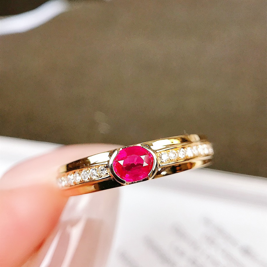 红宝石戒指/0.32ct天然红宝石18K金钻石附证#GZ