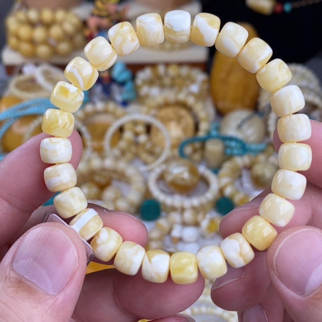 蜜蜡未镶嵌手链瓷白细纹虎皮8.5mm