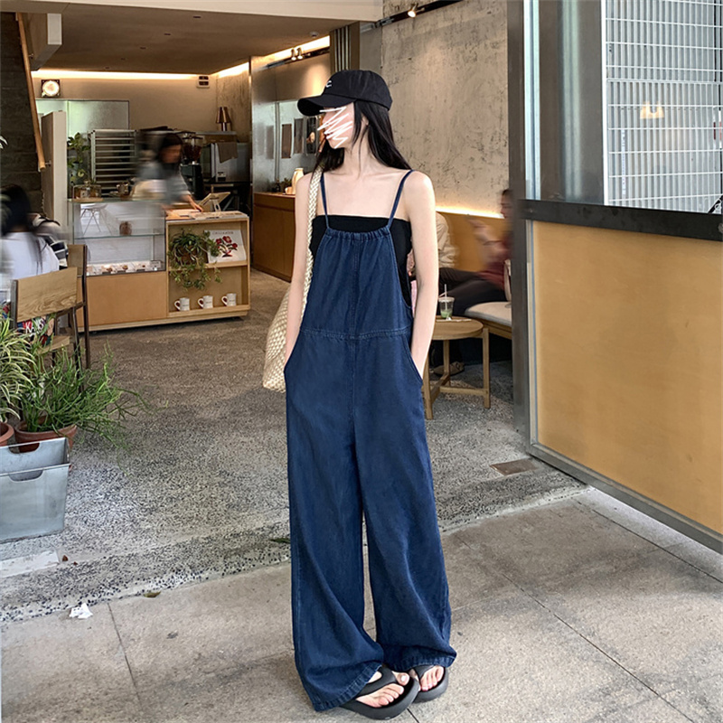 港风复古水洗深蓝色牛仔背带裤女夏季辣妹阔腿连体裤直筒牛仔裤子