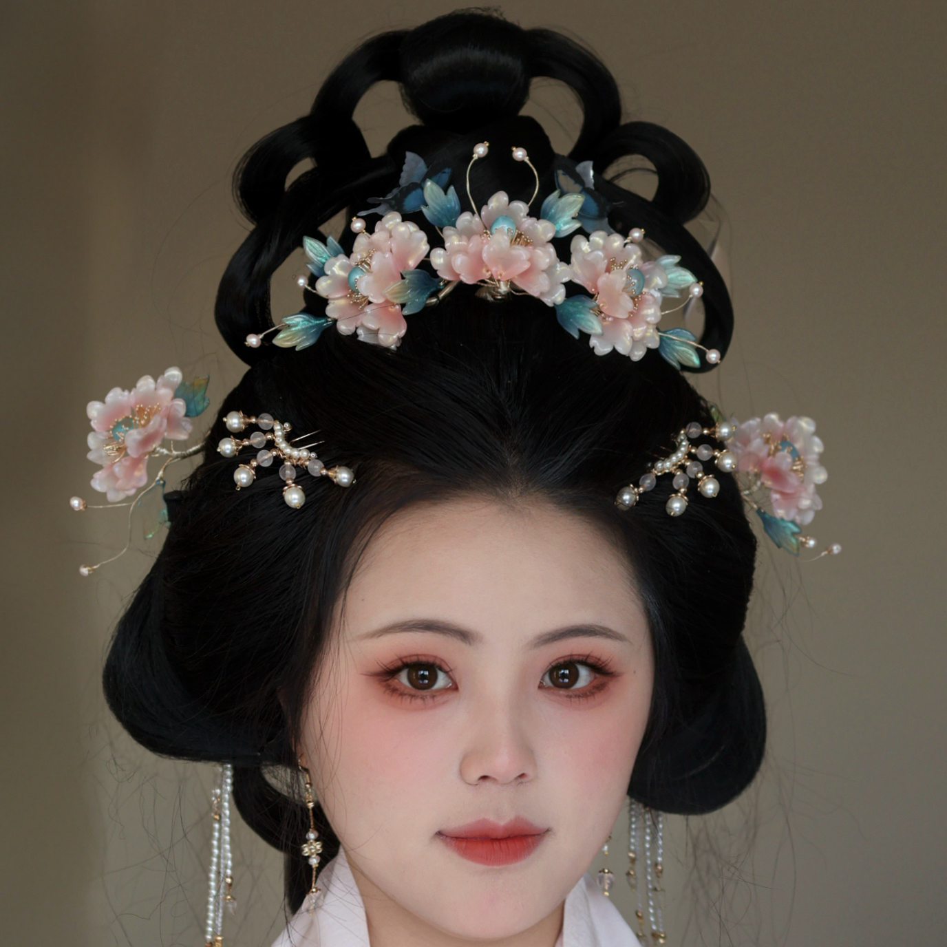 原创 折花 琉璃簪花发冠流苏发钗汉服配饰古风发饰套装