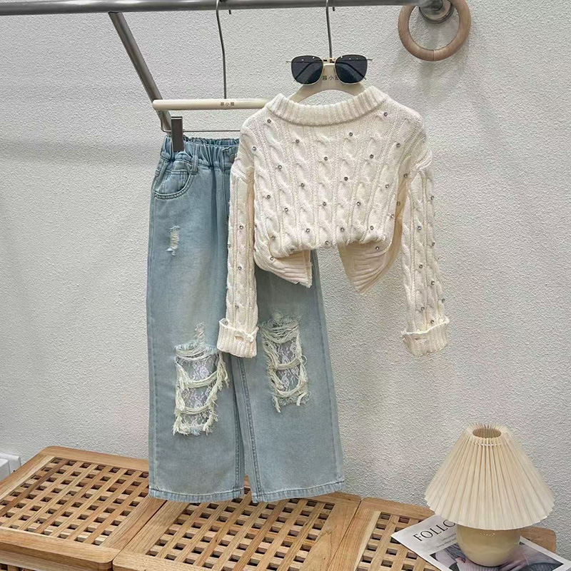 女童春季套装2025新款儿童阔腿牛仔裤两件套女孩毛衣大童洋气童装