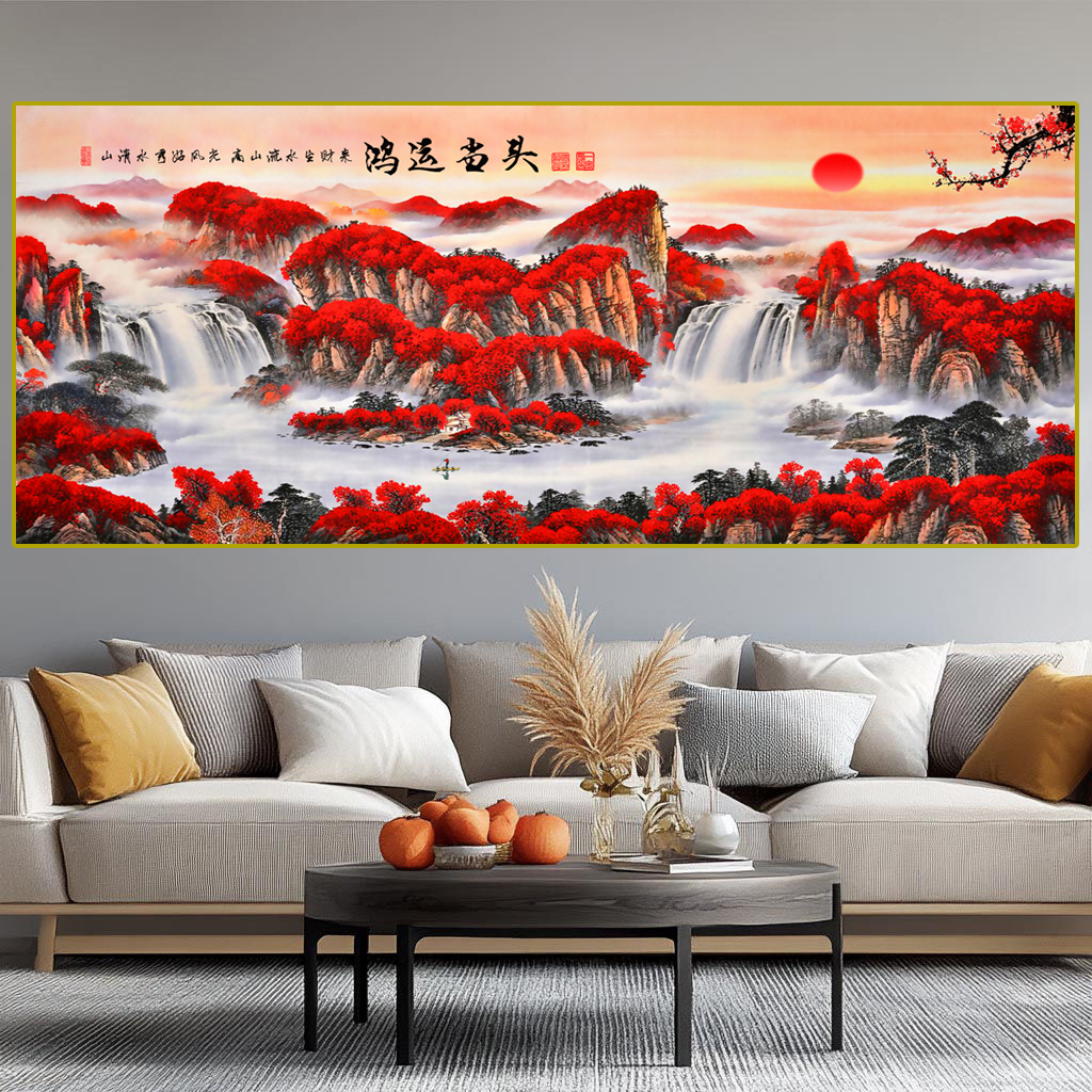 镶钻【新鸿运当头】2021横幅 客厅装饰画新中式沙发山水挂画200*70