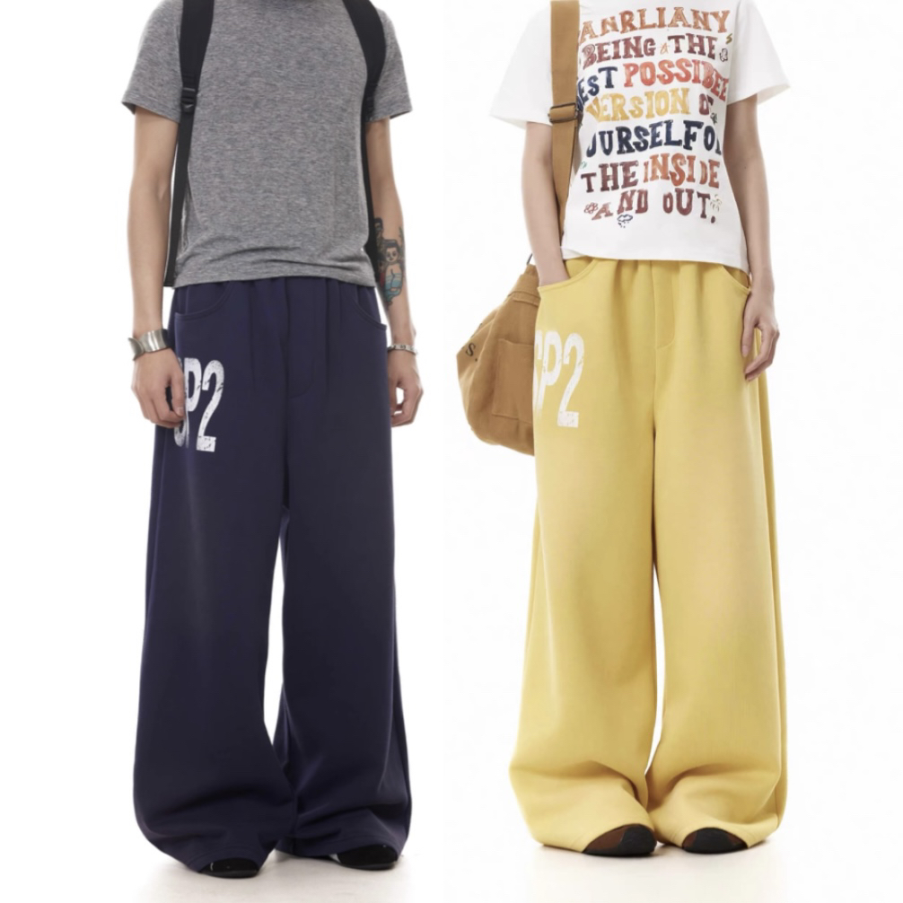 美式复古松紧腰字母印花宽松运动卫裤街头baggy阔腿休闲裤男女