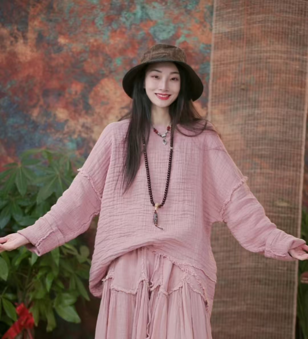 静一棉麻【朝时】时尚百搭纯色机理感圆领短上衣