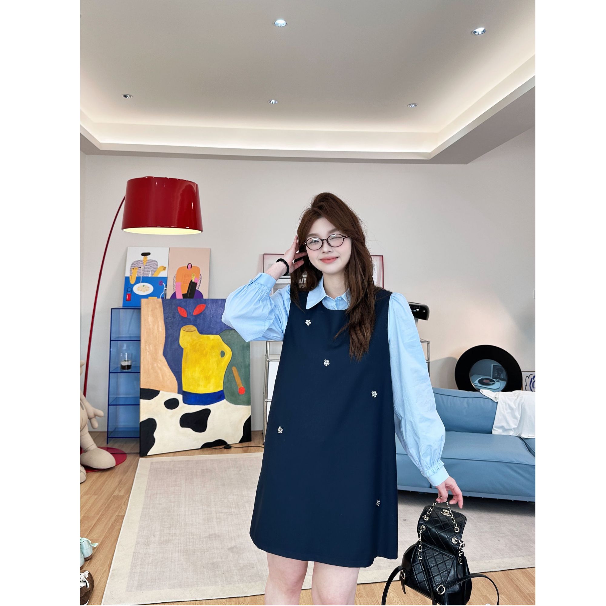 晶咕【伯利兹学院】立体花朵钉珠无袖背心裙+翻领花朵边袖衬