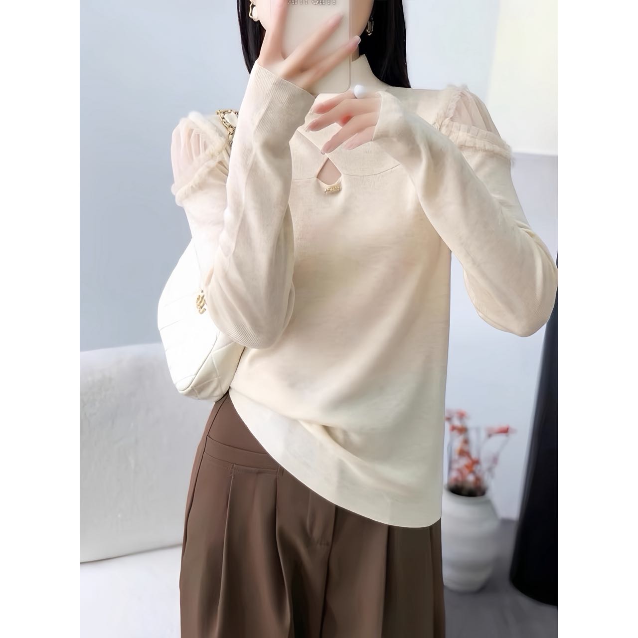 秋冬设计感露肩镂空半高领纯色蕾丝拼接百搭休闲针织衫6698#  qq