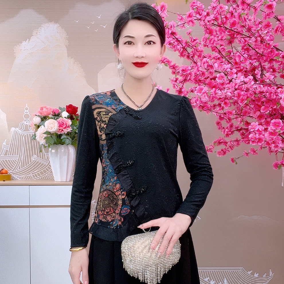 79100款中式凤尾提花撒粉打底衫时尚短款网红长袖打底衫提花T恤