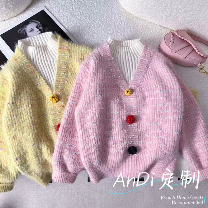 〖ANDI〗订制秋冬款中大童女童假两件重工小南瓜v领加厚毛衣5389