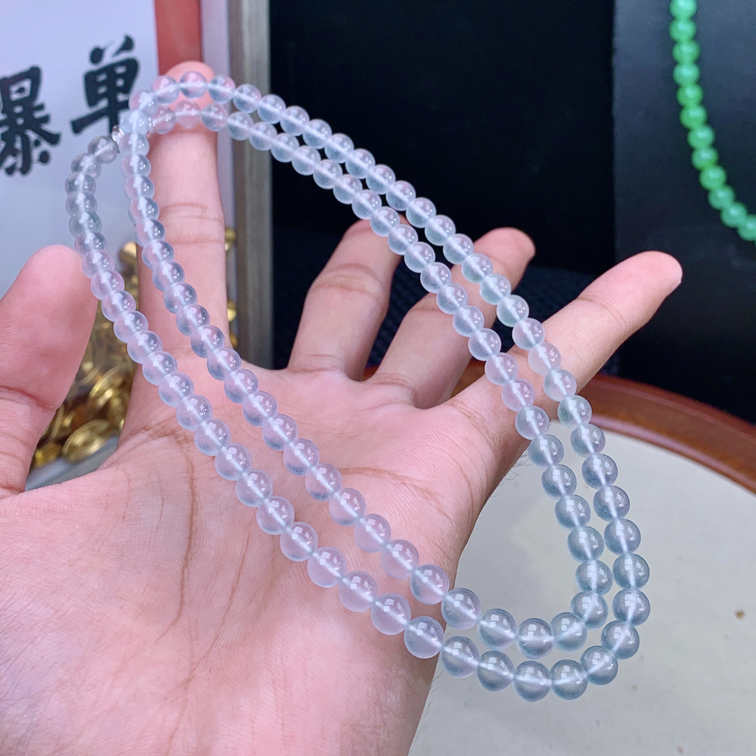 玻璃种透绳起刚光项链茅台白玻璃种天然缅甸A货翡翠珠链108颗卡6