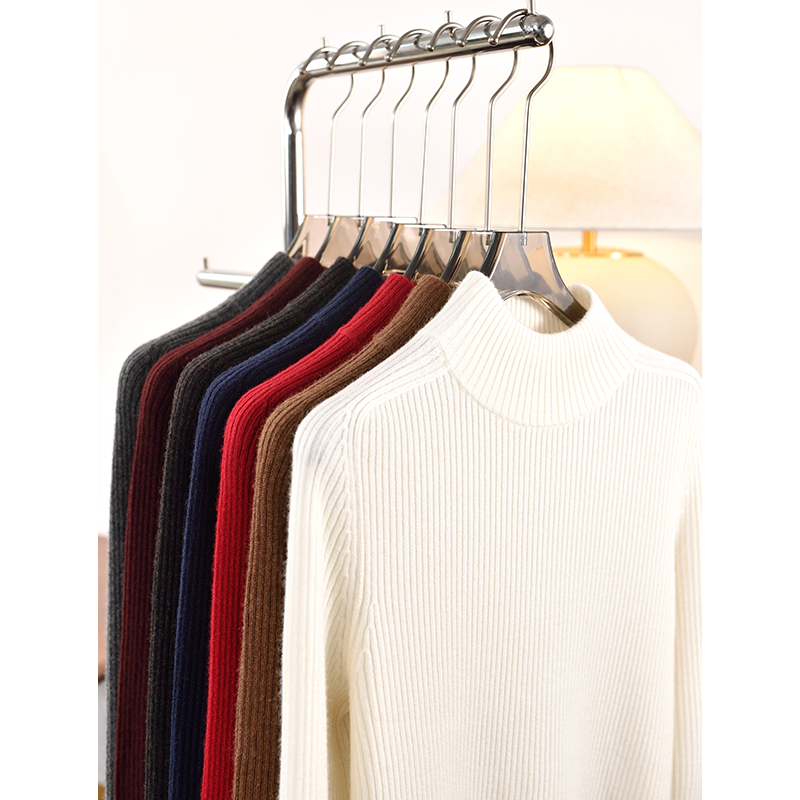 匠心羊绒 加密坑条双层半高领修身打底羊绒衫