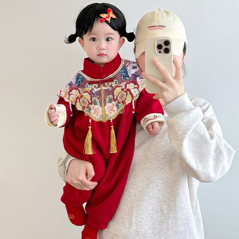 新款宝宝红色连体衣婴儿衣服拜年服周岁服喜庆女宝唐装礼服