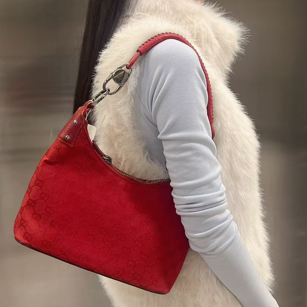 95新 GUCCI/古驰 红色单肩包经典复古腋下包