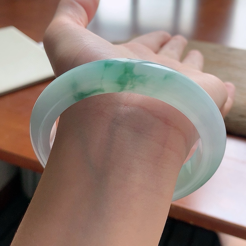 正圈59mm 冰糯意境灵动冰飘蓝花老胶料纯底天然缅甸翡翠A货手镯