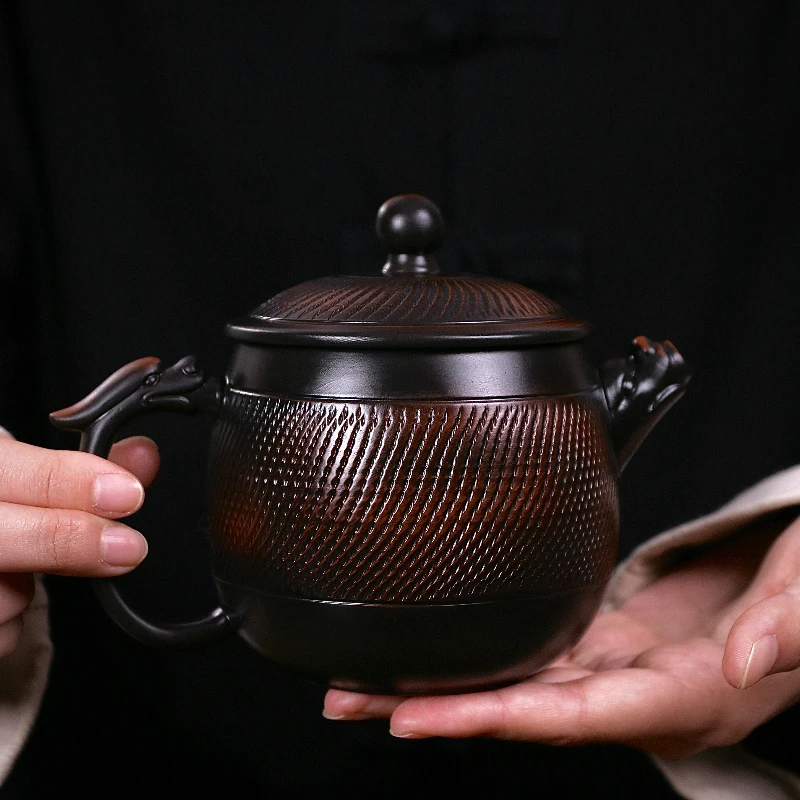 紫陶高筒龙把汉瓦凤鸣壶大容量中式泡茶壶复古紫砂壶(陈荣火)