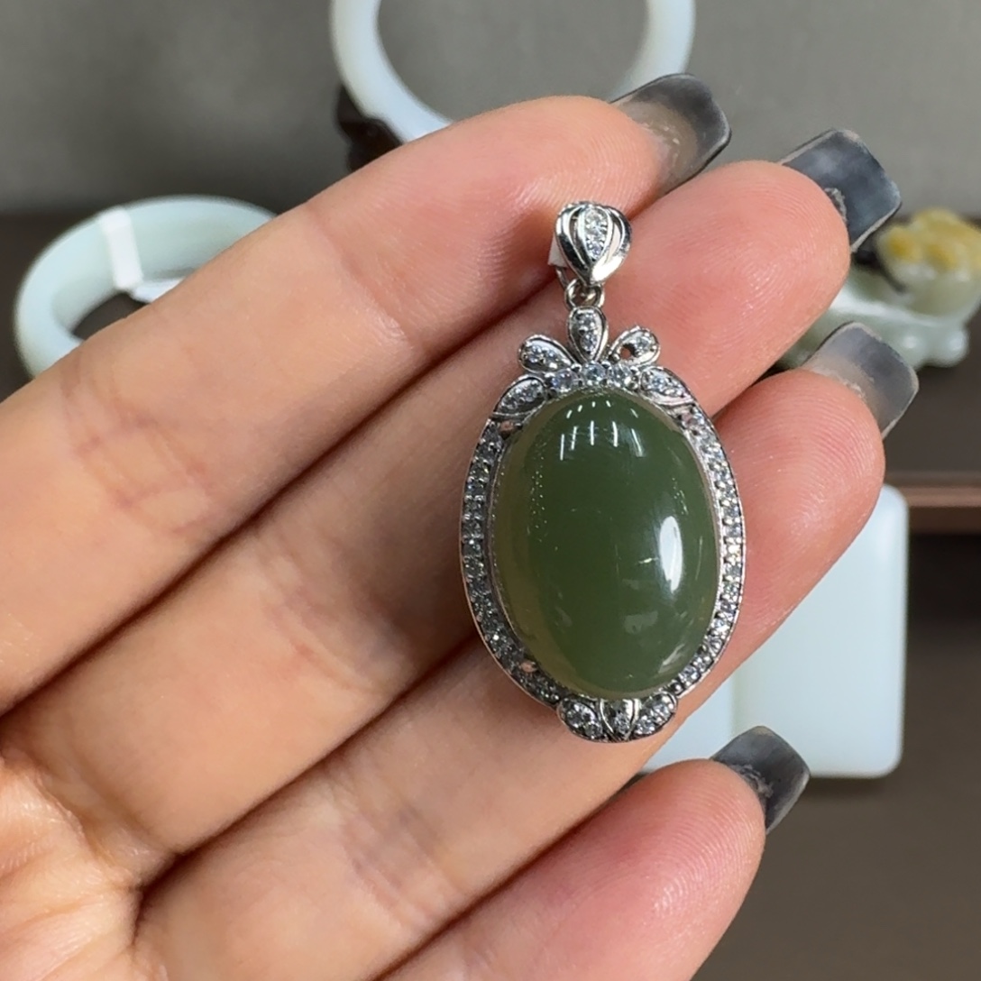 和田玉银S925镶嵌吊坠(不含链)