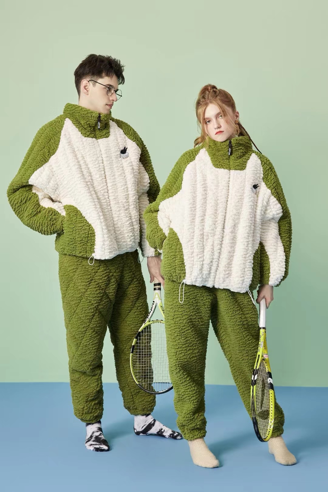 睡衣情侣休闲运动套装秋冬款家居服三层加厚保暖加绒立领拉链夹棉