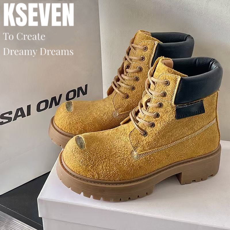 米奇大黄靴厚底增高7CM秋冬新款2025秀场高帮休闲工装反绒马丁靴