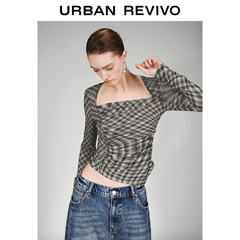 UR2026春季新款女装潮流方领格纹不规则褶皱修身T恤UWJ460001