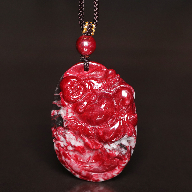 天然辰砂M原矿红砂雕刻弥勒佛男款精品吊坠