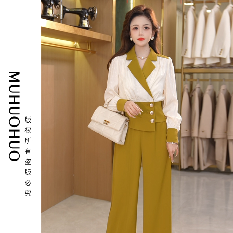 2025时尚减龄气质款职业百搭洋气撞色衬衣阔腿裤小个子套装
