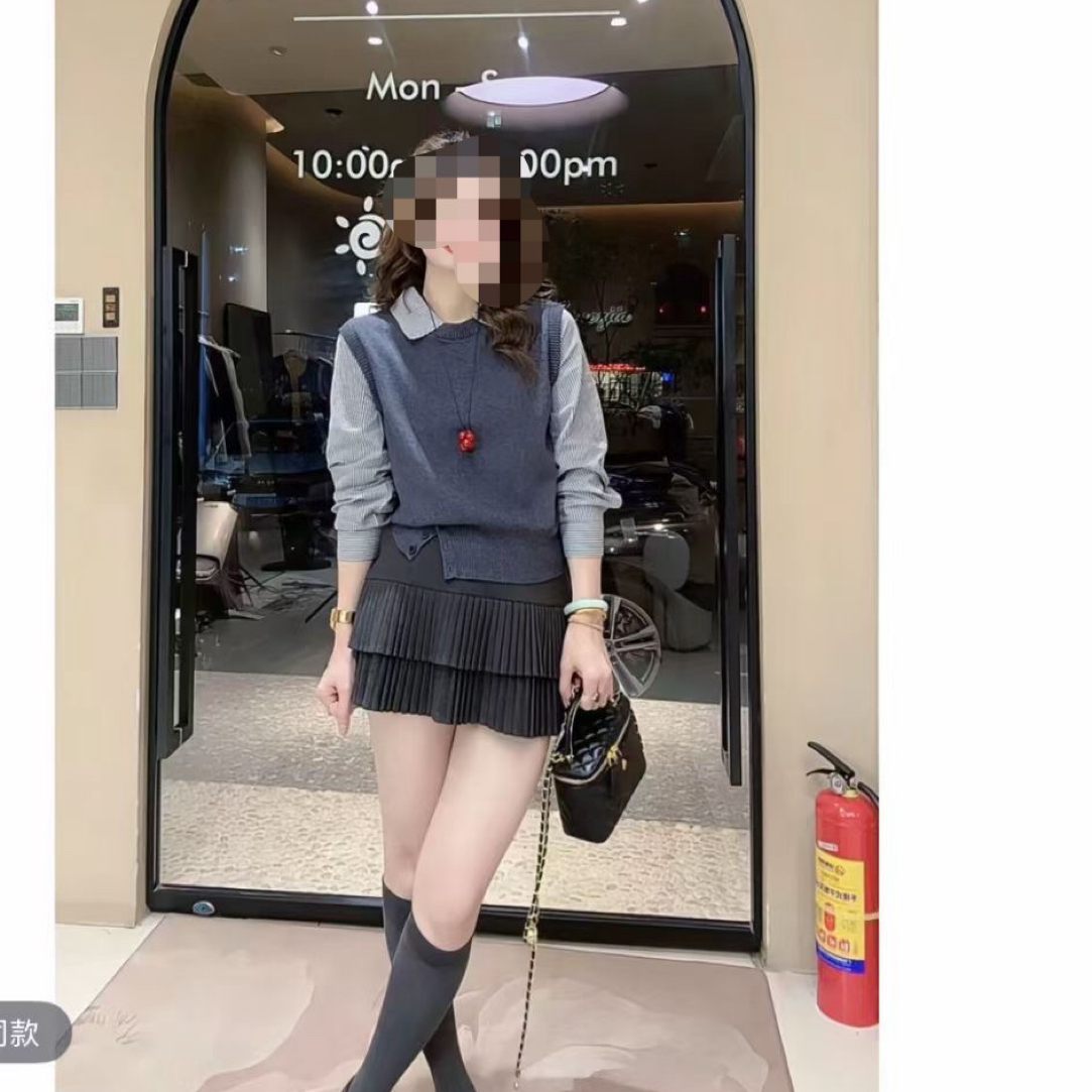 【海南肉丝】时尚Polo领假两件拼接显瘦上衣