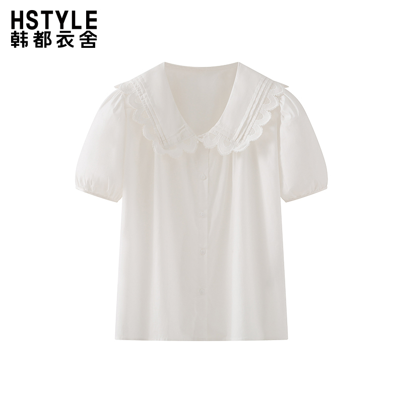 韩都衣舍白色甜美减龄小个子温柔气质设计感镂空花边翻领短袖衬衫
