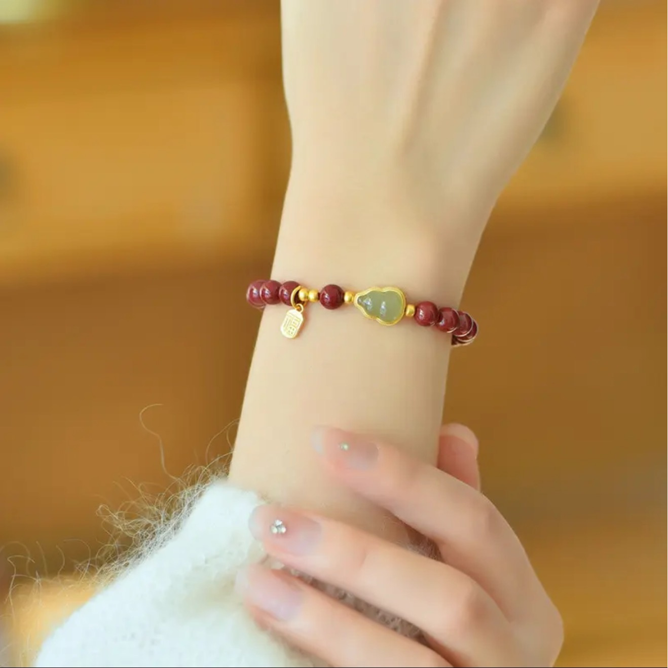 天然辰砂0109红单圈葫芦福牌 精品手串xk0109（无礼盒）