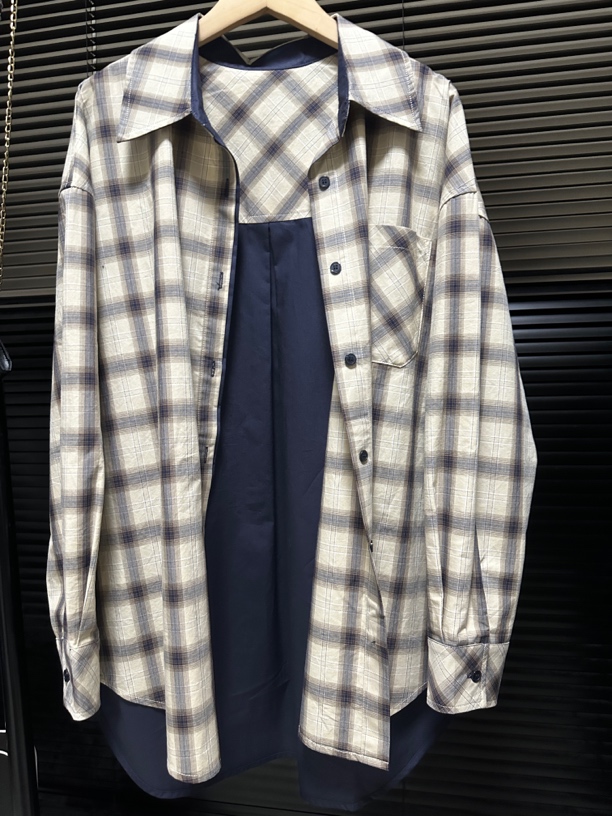 复古宽松格子拼接衬衫女2025春夏新款文艺慵懒风长袖衬衣