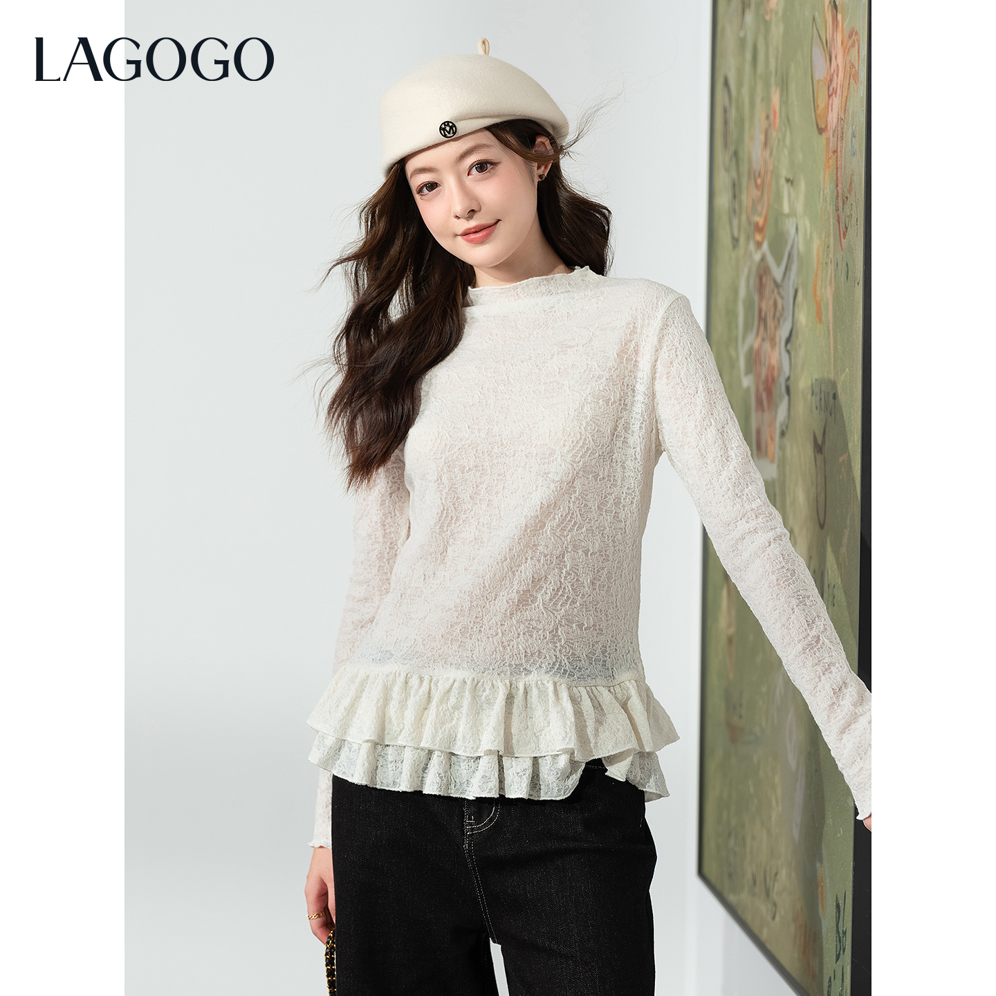 【立子】lagogo拉谷谷新款荷叶边蕾丝半高领打底衫女OCSS539G16