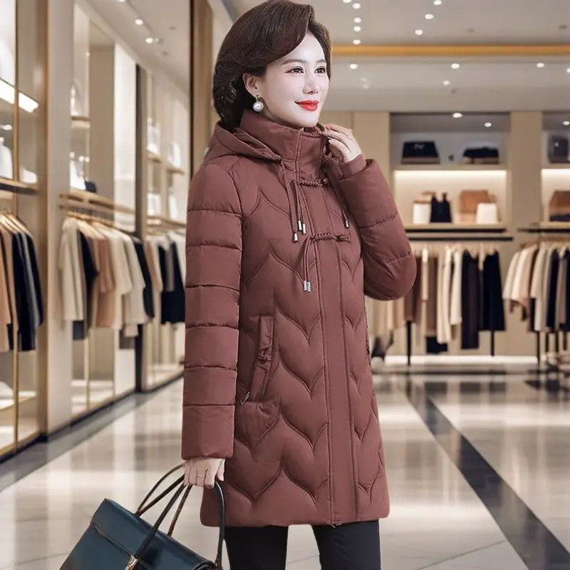 2025新款中老年棉服女中长款冬季韩版加厚棉衣纯色女士棉袄外套