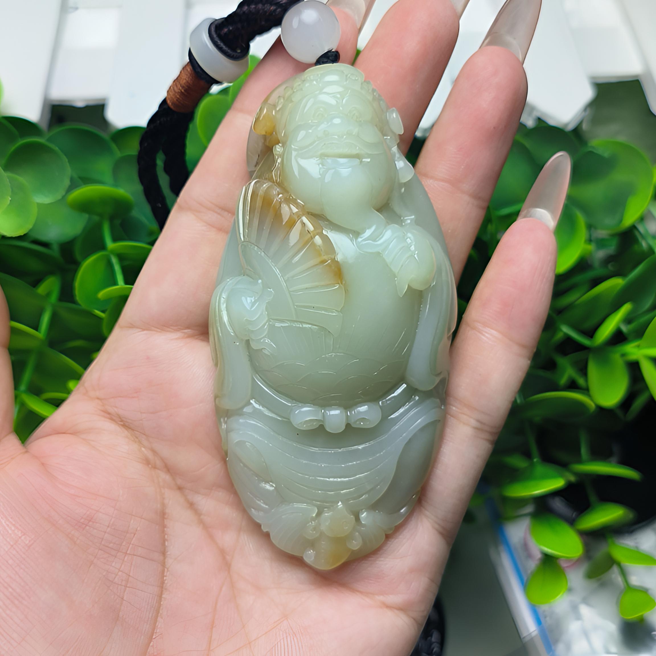 和田玉立体财神手把俏色巧雕摆件手把