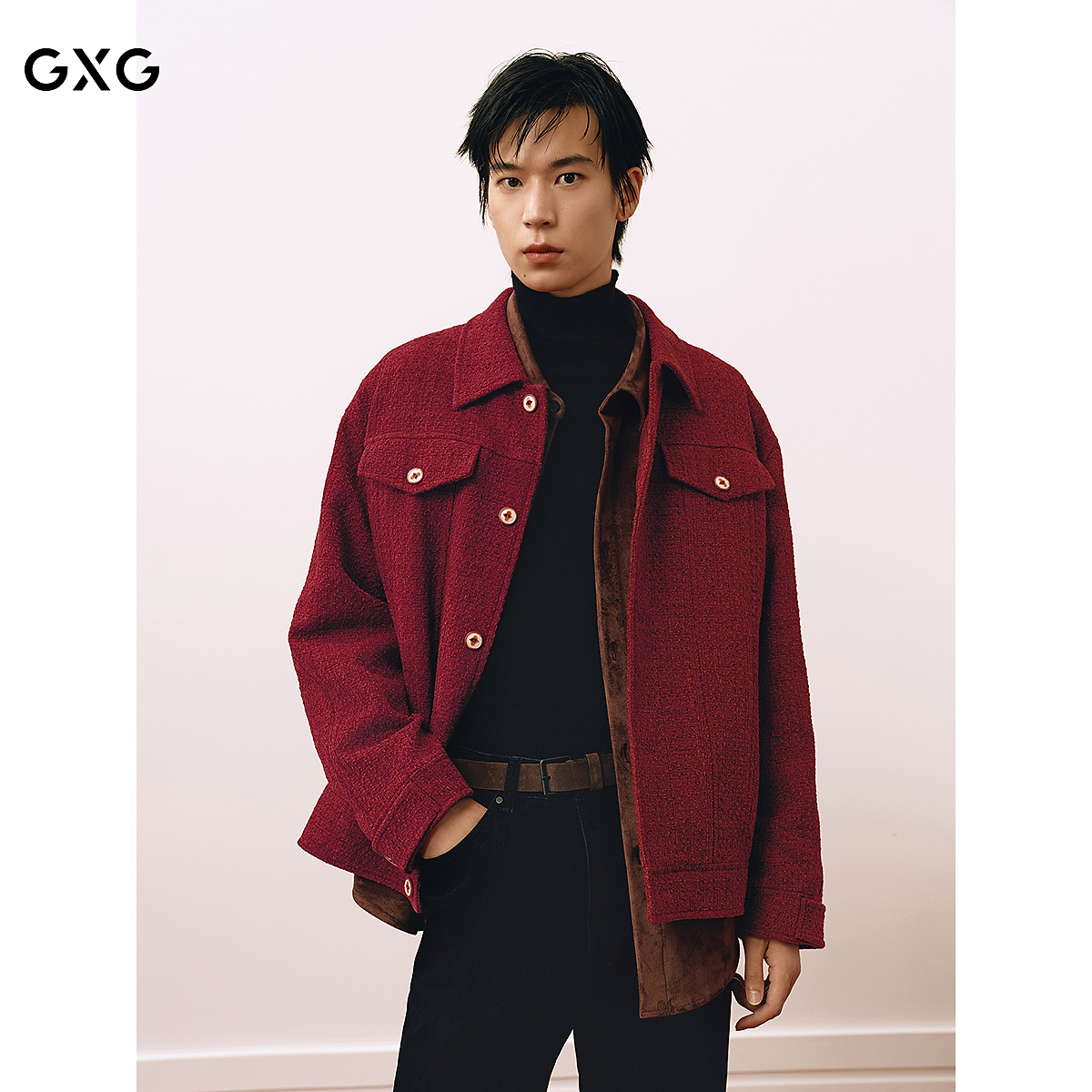 GXG男装 红色新年小香风时尚复古翻领夹克25春新品G25X211026