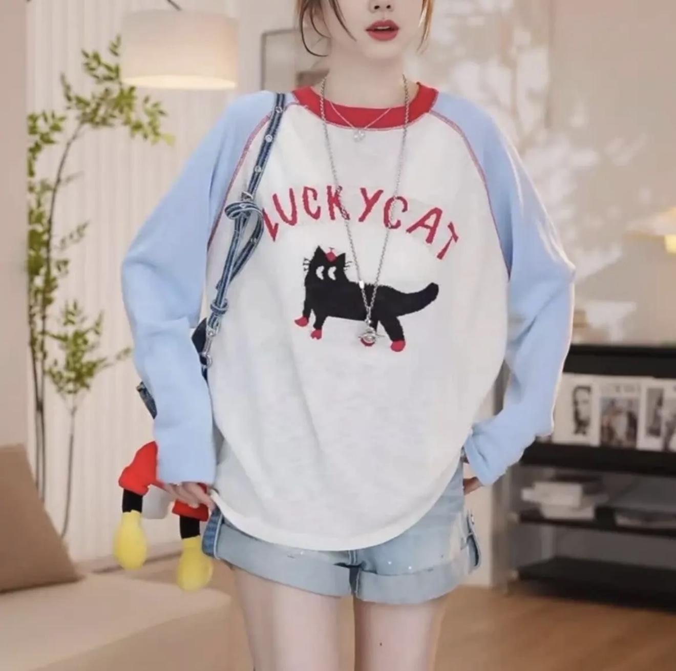 【幸运猫】春夏撞色插肩袖猫咪图案长袖防晒上衣夏季显瘦遮肉时尚